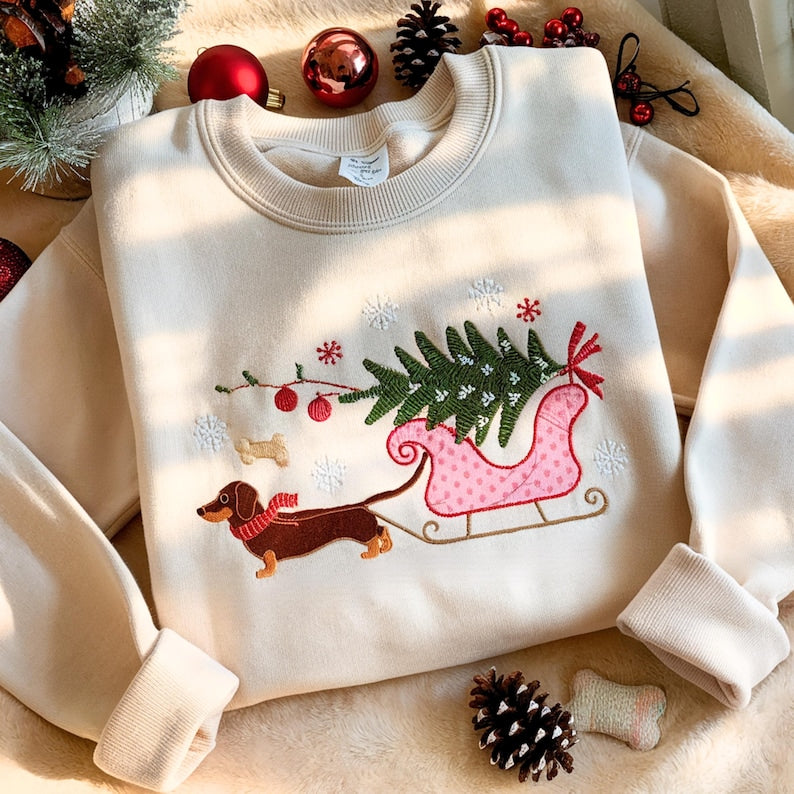 Dachshund Xmas Embroidered Sweatshirt Christmas Hot Dog Embroidery Shirt Christmas Tree Tee 1761625215775.jpg