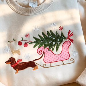 Dachshund Xmas Embroidered Sweatshirt Christmas Hot Dog Embroidery Shirt Christmas Tree Tee 1761625221112.jpg