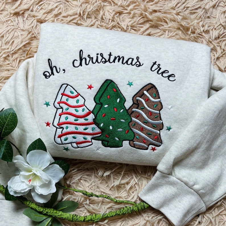 Oh Christmas Tree Cake Embroidered Sweatshirt Christmas Tree Cake Crewneck Gift For Womens  Retro Holiday Crewneck 1761627535868.jpg