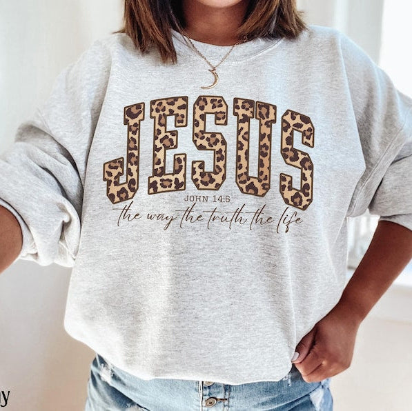 Christian Jesus Sweatshirt Cheetah Print Bible Verse Tshirt Trendy Faith Apparel Gift Jesus Loves You The Way The Truth The Life 1761640598993.jpg