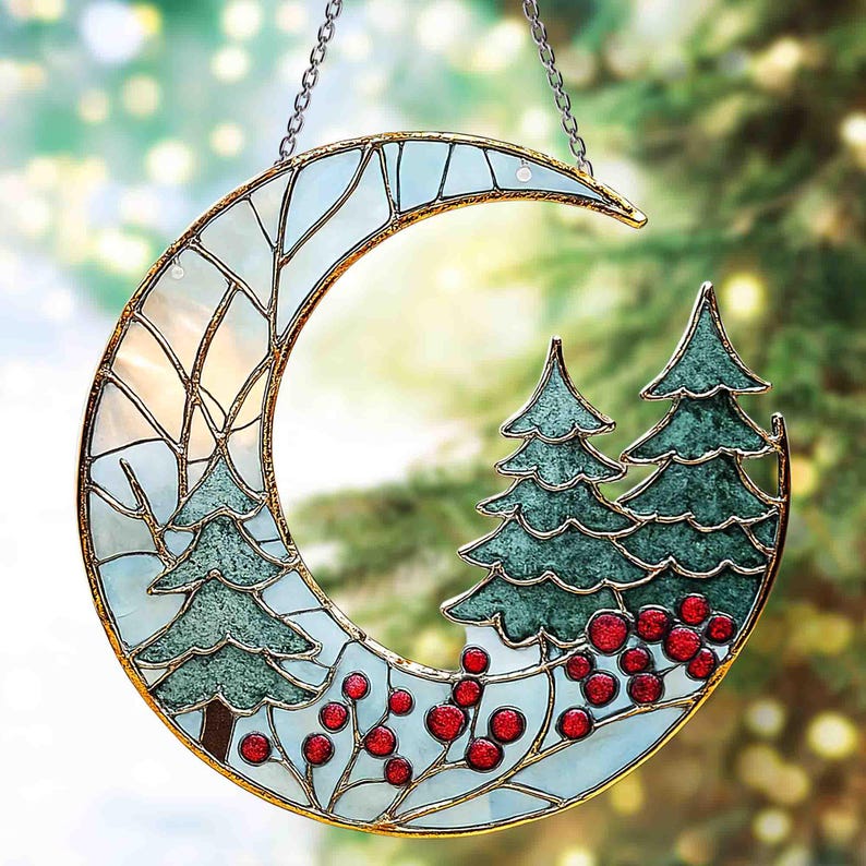 Moon And Pine Trees Acrylic Suncatcher Ornament Christmas Tree Window Hanging Holiday Decor Gift Winter Holiday Decor Christmas Gift 1761640697214.jpg