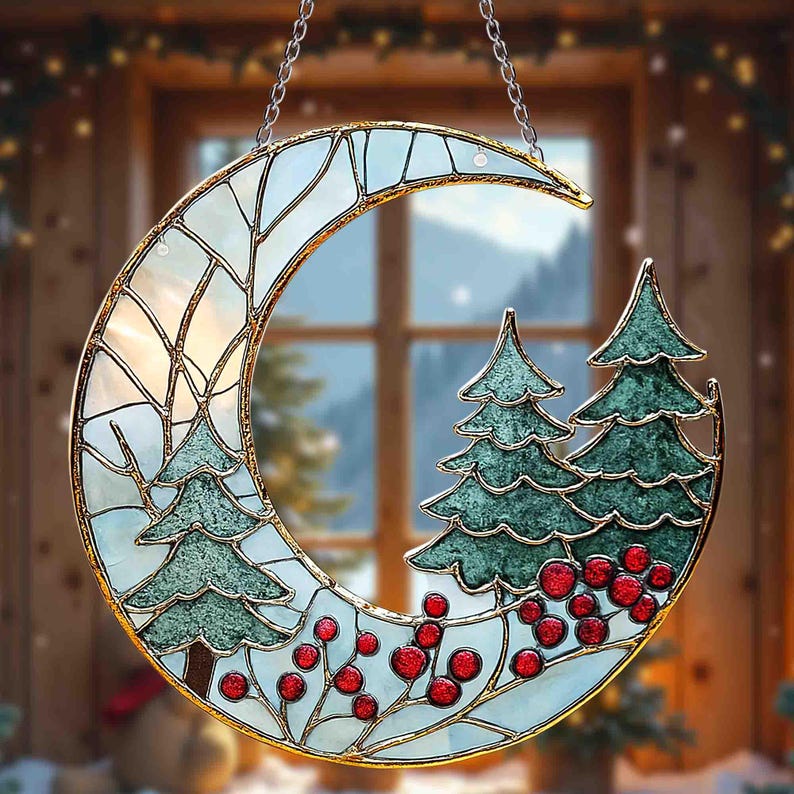 Moon And Pine Trees Acrylic Suncatcher Ornament Christmas Tree Window Hanging Holiday Decor Gift Winter Holiday Decor Christmas Gift 1761640697234.jpg