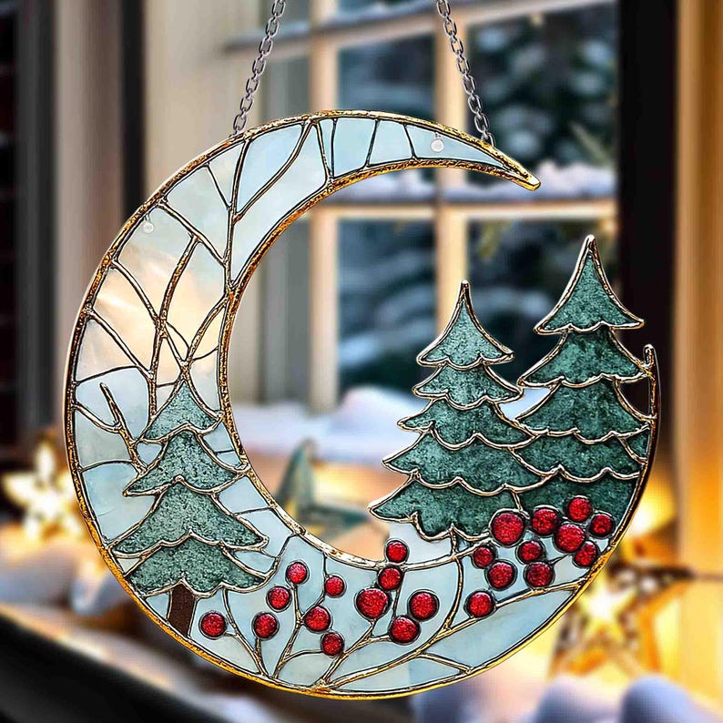 Moon And Pine Trees Acrylic Suncatcher Ornament Christmas Tree Window Hanging Holiday Decor Gift Winter Holiday Decor Christmas Gift 1761640697279.jpg