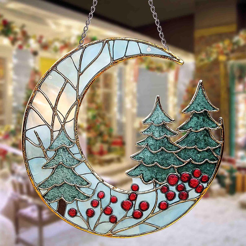 Moon And Pine Trees Acrylic Suncatcher Ornament Christmas Tree Window Hanging Holiday Decor Gift Winter Holiday Decor Christmas Gift 1761640697913.jpg