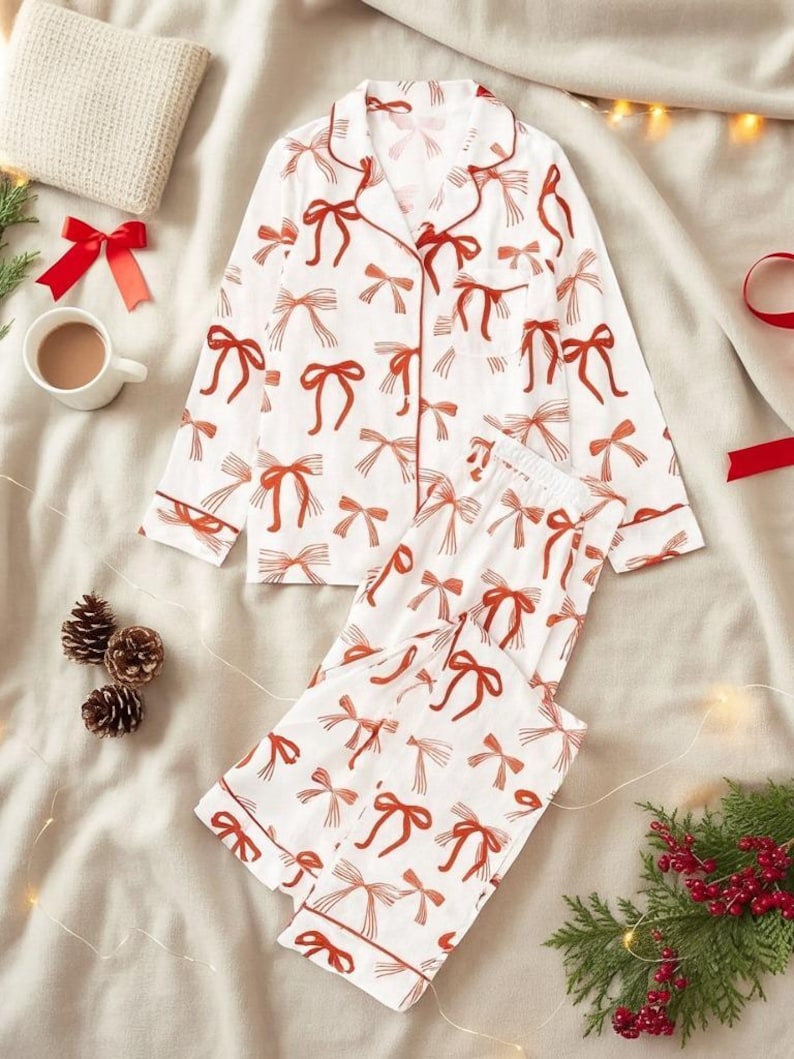 Red Bow Christmas Pajama Set For Women Cute Holiday Loungewear Long Sleeve Button Up Top And Pants For Festive Morning Outfit 1761794880748.jpg