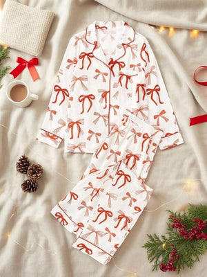 Red Bow Christmas Pajama Set For Women Cute Holiday Loungewear Long Sleeve Button Up Top And Pants For Festive Morning Outfit 1761794880748.jpg