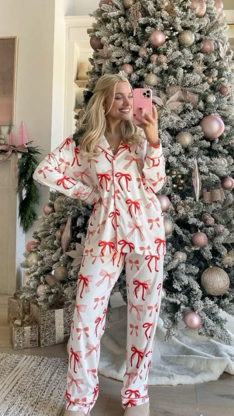 Red Bow Christmas Pajama Set For Women Cute Holiday Loungewear Long Sleeve Button Up Top And Pants For Festive Morning Outfit 1761794880766.jpg