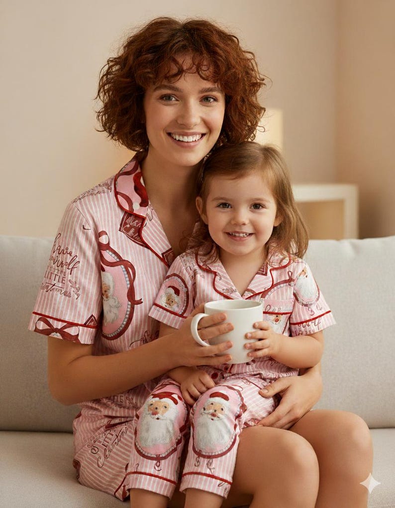 Pink Christmas Pajamas Set Retro Santa Print Womens Long Sleeve Pjs Vintage Holiday Sleepwear Gift For Her Christmas Gift 1761796082107.jpg