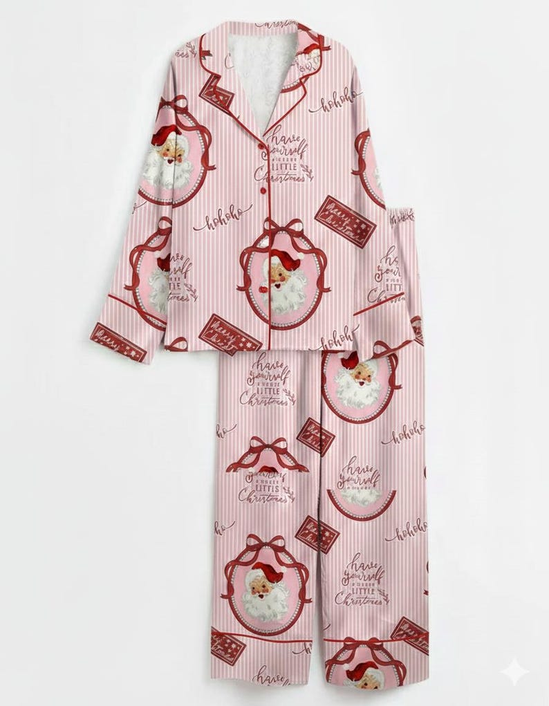 Pink Christmas Pajamas Set Retro Santa Print Womens Long Sleeve Pjs Vintage Holiday Sleepwear Gift For Her Christmas Gift 1761796082124.jpg