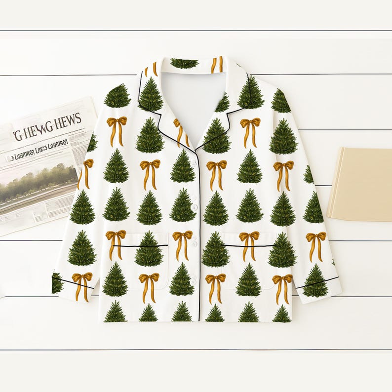 Christmas Tree Pajamas Set With Gold Bow Xmas Holiday Matching Pjs Cozy Holiday Sleepwear Festive Winter Outfit 1761796221084.jpg