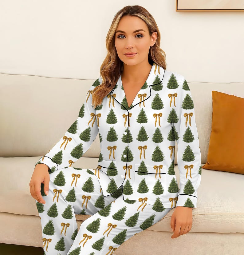 Christmas Tree Pajamas Set With Gold Bow Xmas Holiday Matching Pjs Cozy Holiday Sleepwear Festive Winter Outfit 1761796221198.jpg