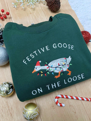 Festive Goose On The Loose Sweatshirt Funny Christmas Goose Shirt Embroidered Holiday Crewneck Ugly Sweater Party Top 1762159546598.jpg
