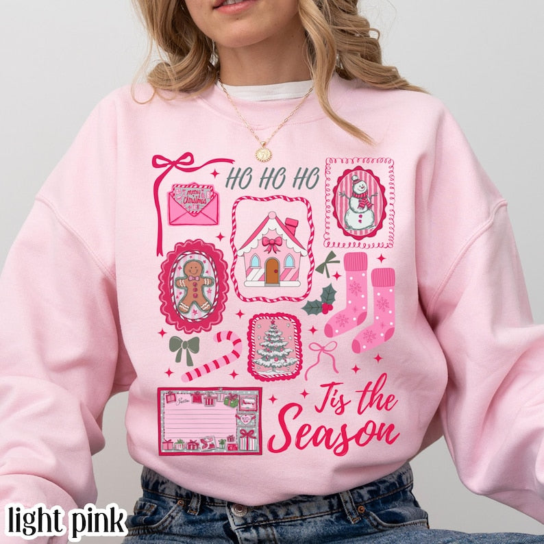 Pink Christmas Sweatshirt Tis The Season Xmas Sweater Cute Girly Holiday Womens Pullover Candy Cane Bow Santa Tee Winter Crewneck 1762243046252.jpg