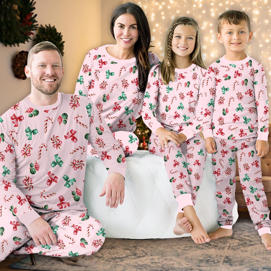 Pink Christmas Pajamas Set Candy Cane Christmas Long Sleeve Two Piece Pajama Coquette Bow Christmas Pajamas Xmas Holiday Loungewear Set 1762243160898.jpg