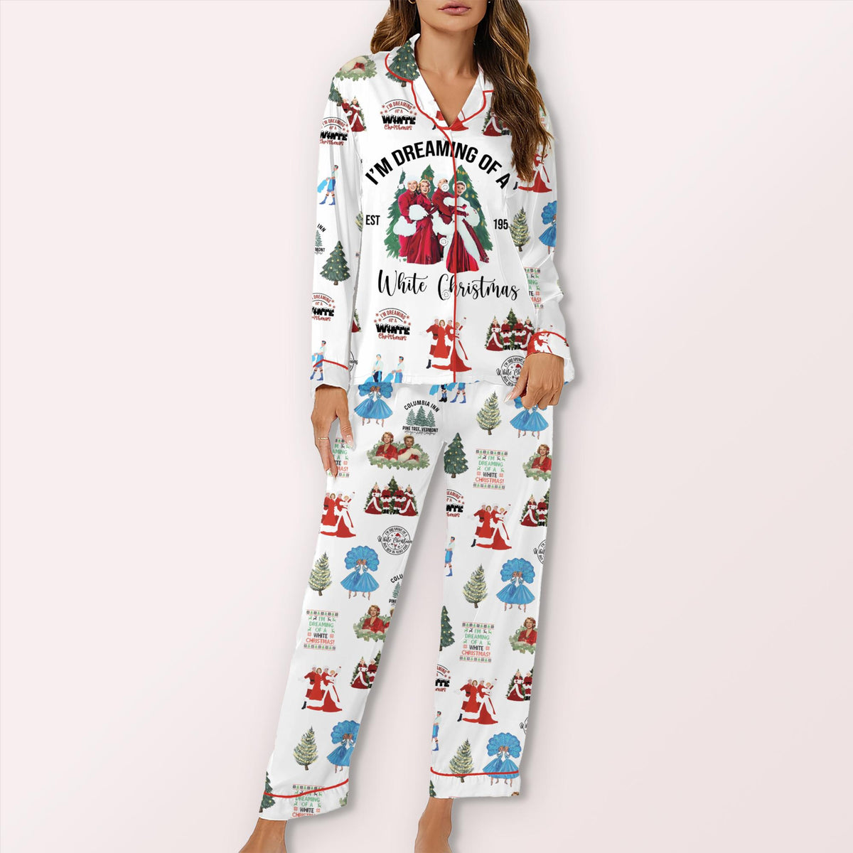 White Christmas Casual Pajama Set For Women Vintage Christmas Movie Sleepwear Set White Christmas Pjs Festive Matching Family Loungewear 1762245375722.jpg