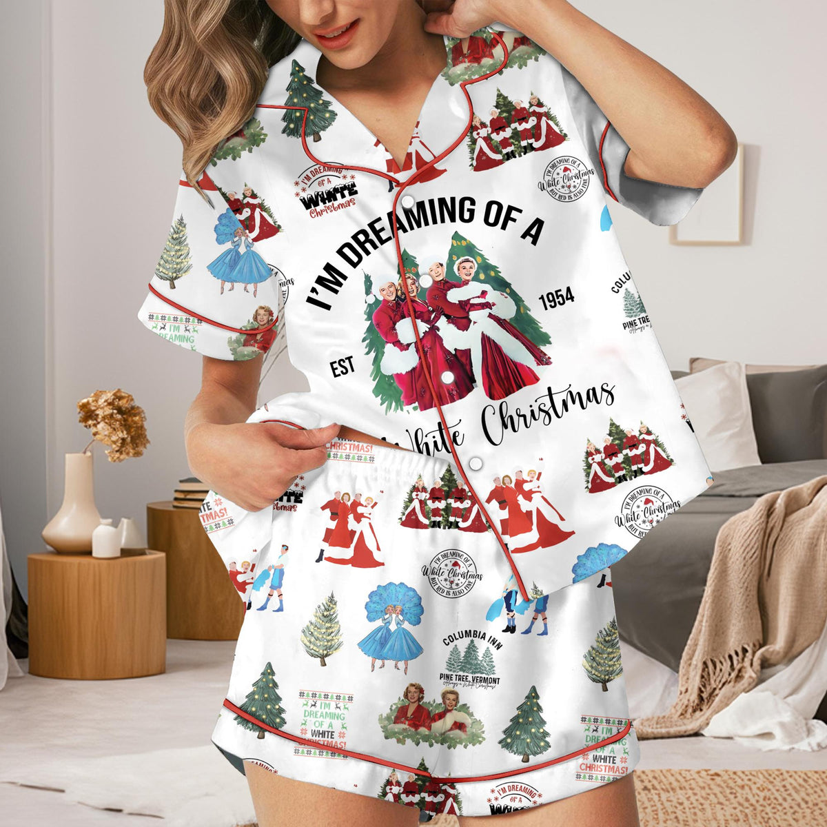 White Christmas Casual Pajama Set For Women Vintage Christmas Movie Sleepwear Set White Christmas Pjs Festive Matching Family Loungewear 1762245376720.jpg