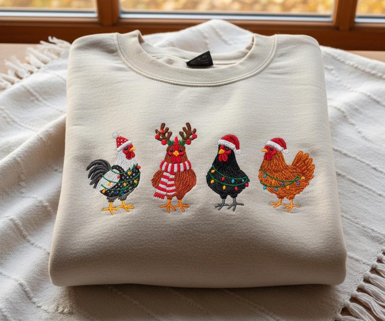 Embroidered Christmas Chickens Sweatshirt Funny Chicken Christmas Shirt Holiday Farm Sweatshirt Farm Lover Xmas Gift 1762247142748.jpg