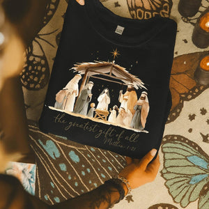 Nativity Scene Christmas Sweatshirt Christian The Greatest Gift Of All Tee Jesus Birth Matthew 121 1762310160878.jpg