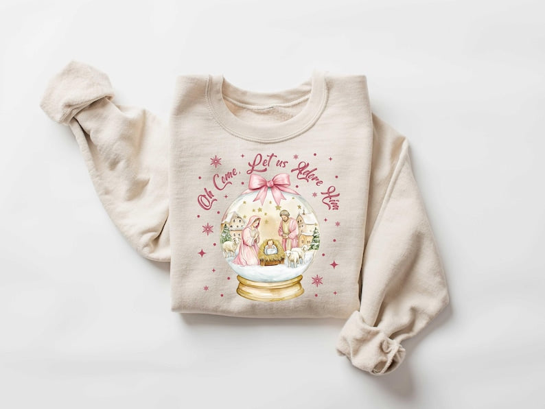 Oh Come Let Us Adore Him Sweatshirt Jesus Christmas Sweater Pink Coquette Christmas Tree T Shirt Christian Christmas Shirt 1762315105742.jpg