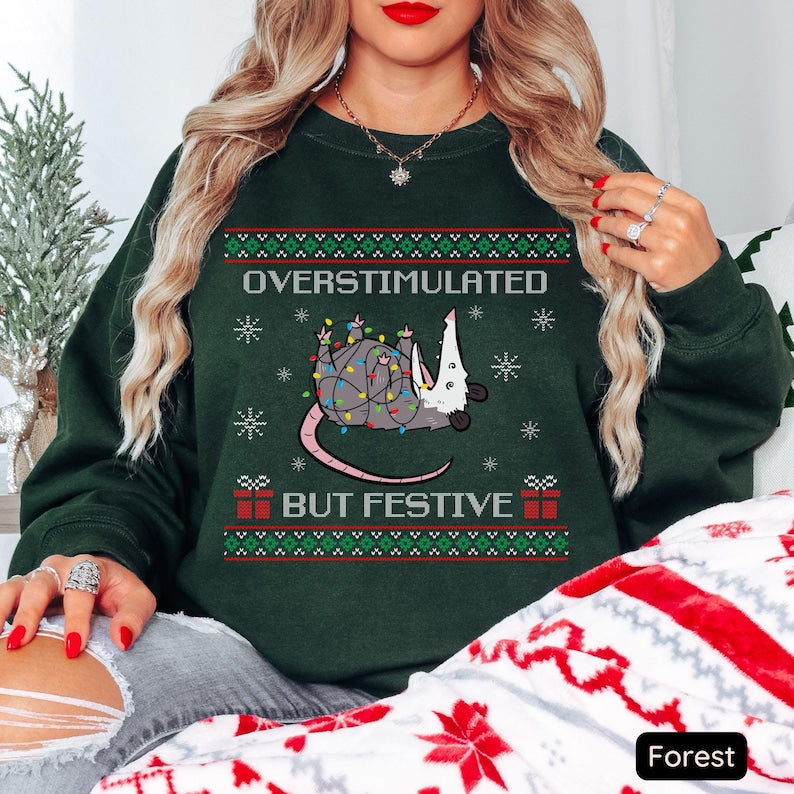 Overstimulated But Festive Possum Christmas Sweatshirt Ugly Christmas Sweatshirt Funny Possum Shirt Possum Gift Trashcore Meme Crewneck 1762325885821.jpg