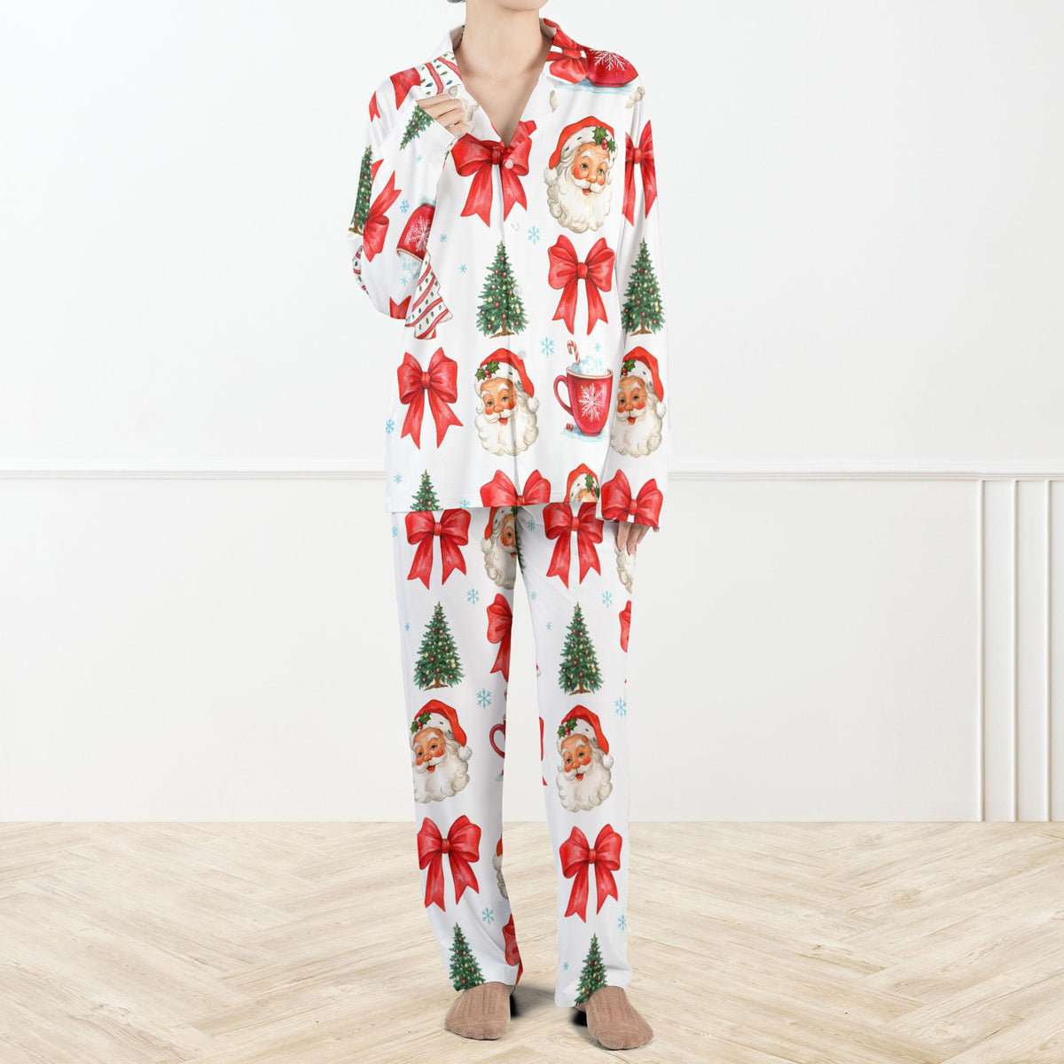 Retro Coquette Christmas Pajama Set For Women And Kids Christmas Santa Claus Pajamas Holiday Tree Red Bow Sleepwear Set 1762403437367.jpg