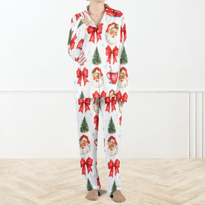 Retro Coquette Christmas Pajama Set For Women And Kids Christmas Santa Claus Pajamas Holiday Tree Red Bow Sleepwear Set 1762403437367.jpg