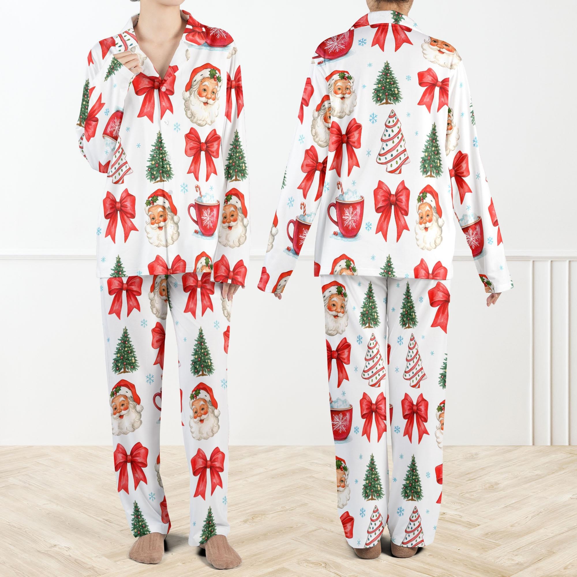 Retro Coquette Christmas Pajama Set For Women And Kids Christmas Santa Claus Pajamas Holiday Tree Red Bow Sleepwear Set 1762403437609.jpg