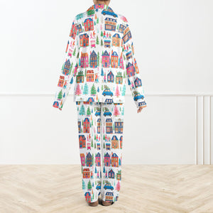 Watercolor Christmas Town Pajama Set For Women Holiday House Print Sleepwear Cozy Winter Loungewear Gift Long Sleeve Pjs 1762415682064.jpg