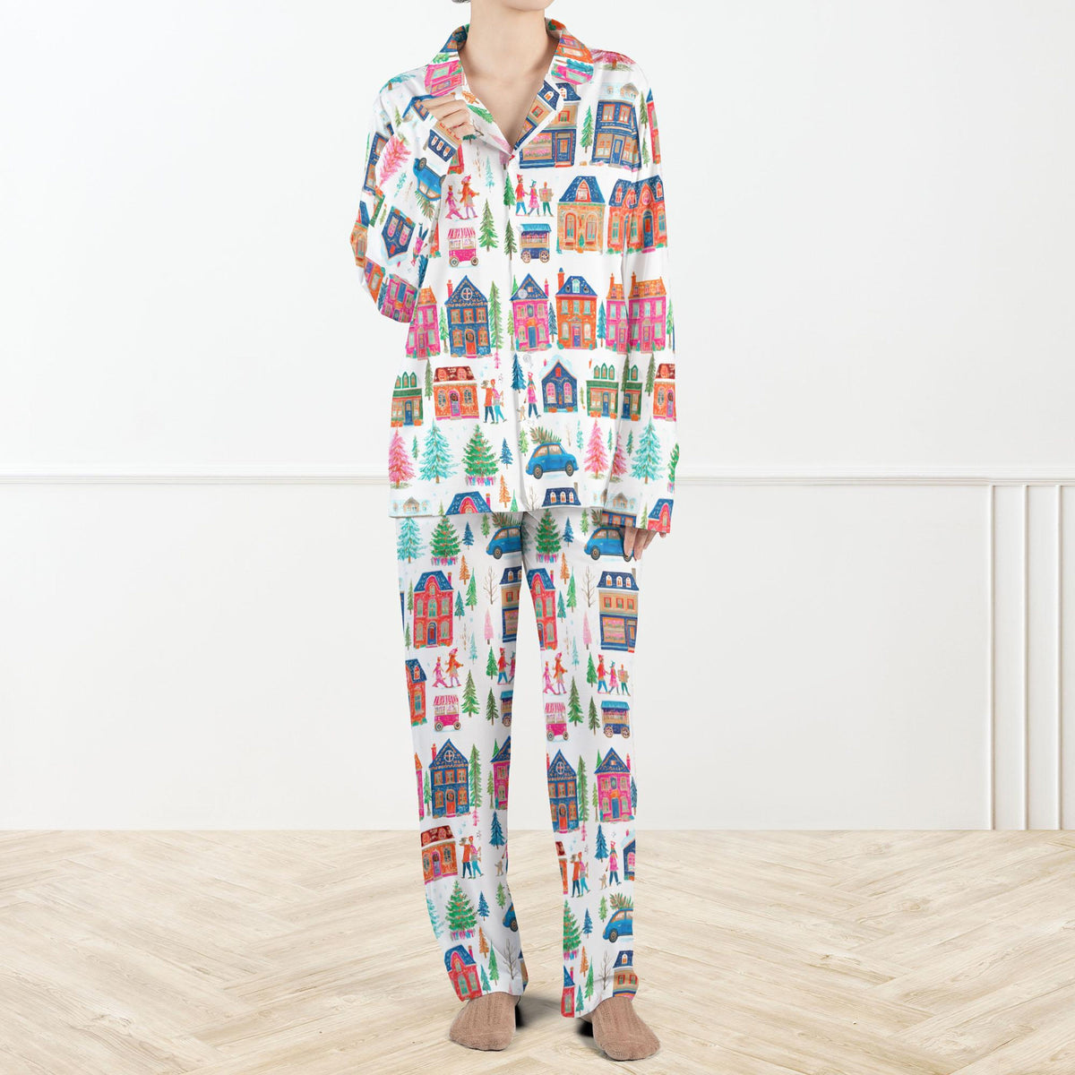 Watercolor Christmas Town Pajama Set For Women Holiday House Print Sleepwear Cozy Winter Loungewear Gift Long Sleeve Pjs 1762415682572.jpg