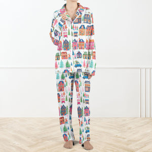 Watercolor Christmas Town Pajama Set For Women Holiday House Print Sleepwear Cozy Winter Loungewear Gift Long Sleeve Pjs 1762415682572.jpg