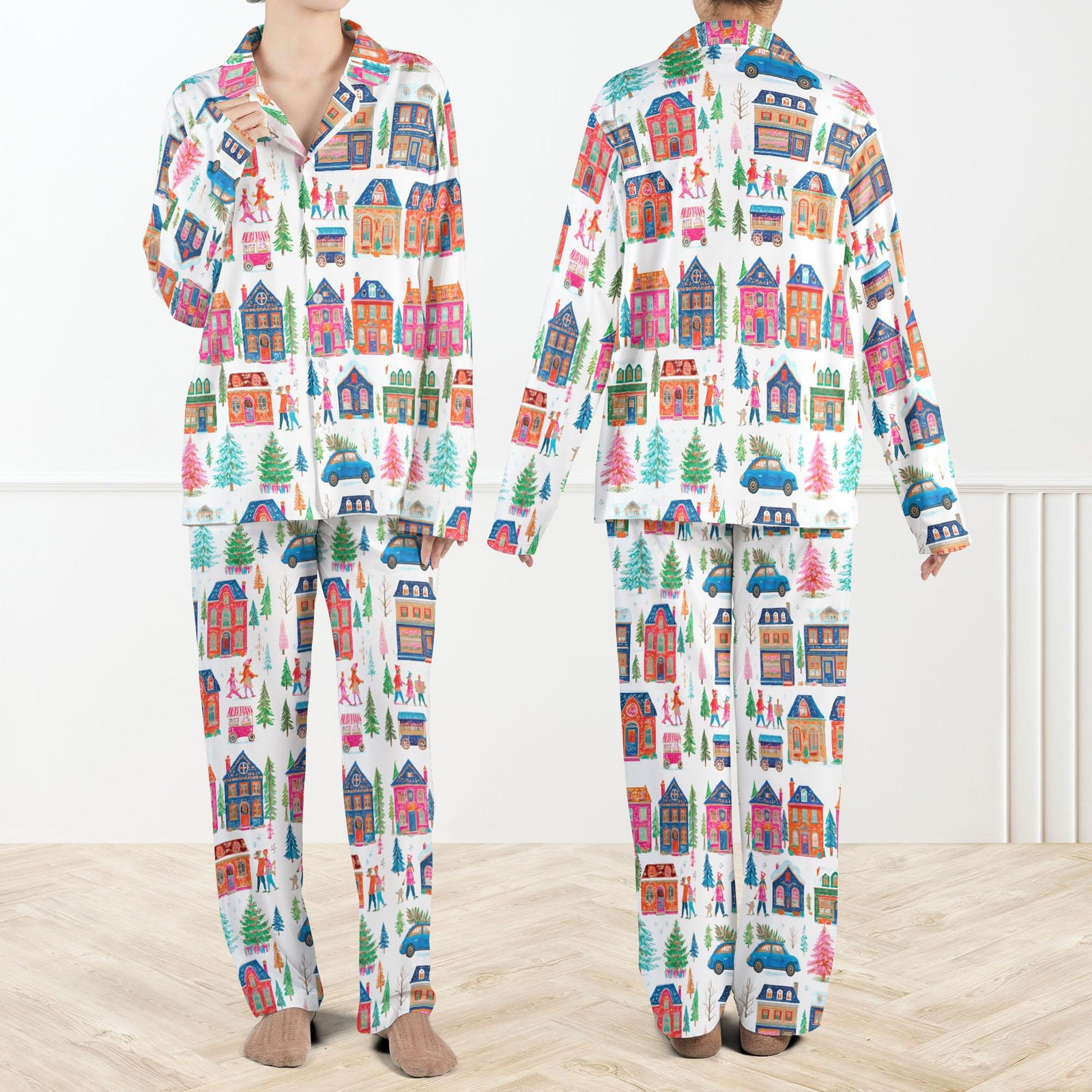 Watercolor Christmas Town Pajama Set For Women Holiday House Print Sleepwear Cozy Winter Loungewear Gift Long Sleeve Pjs 1762415682868.jpg