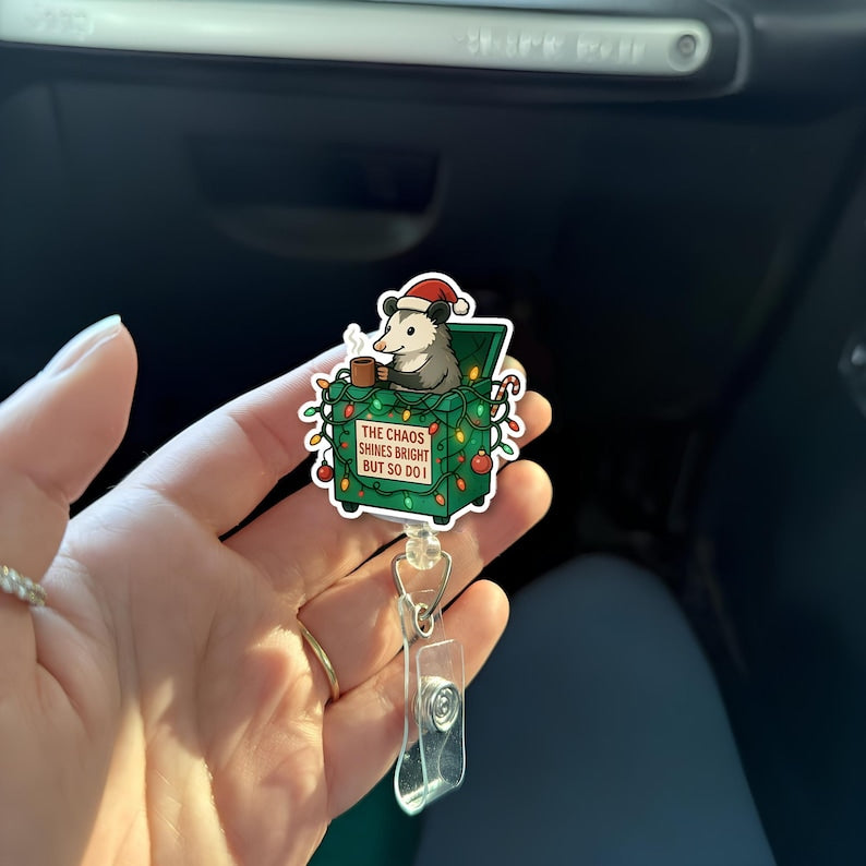 Possum Dumpster Fire Christmas Badge Reel   Dark Humor Nurse Gift 1762835375612.jpg