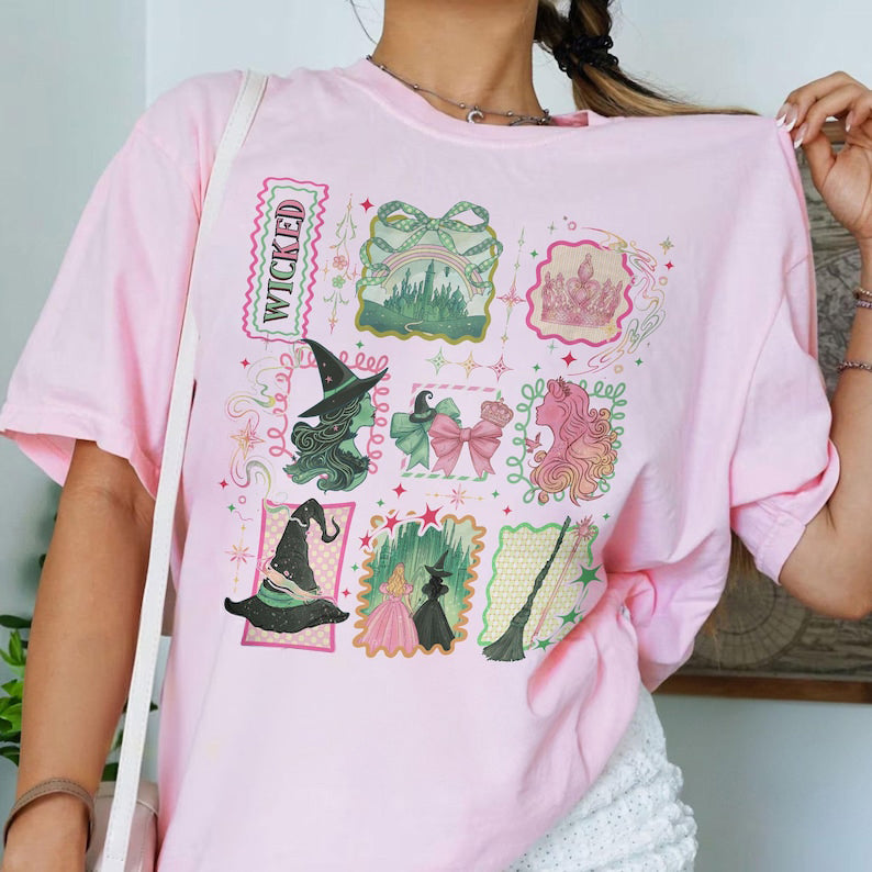 Retro Wicked Stamps Shirt Defying Gravity Tee Elphaba Glinda Wizard Musical Shirt Pink Green Broadway Tshirt 1762936070563.jpg