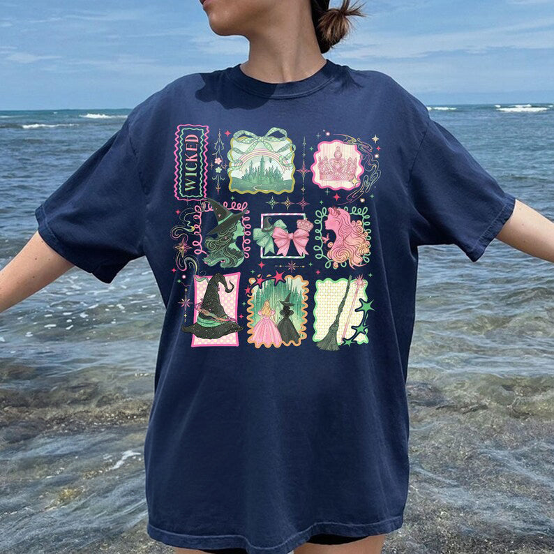 Retro Wicked Stamps Shirt Defying Gravity Tee Elphaba Glinda Wizard Musical Shirt Pink Green Broadway Tshirt 1762936071377.jpg