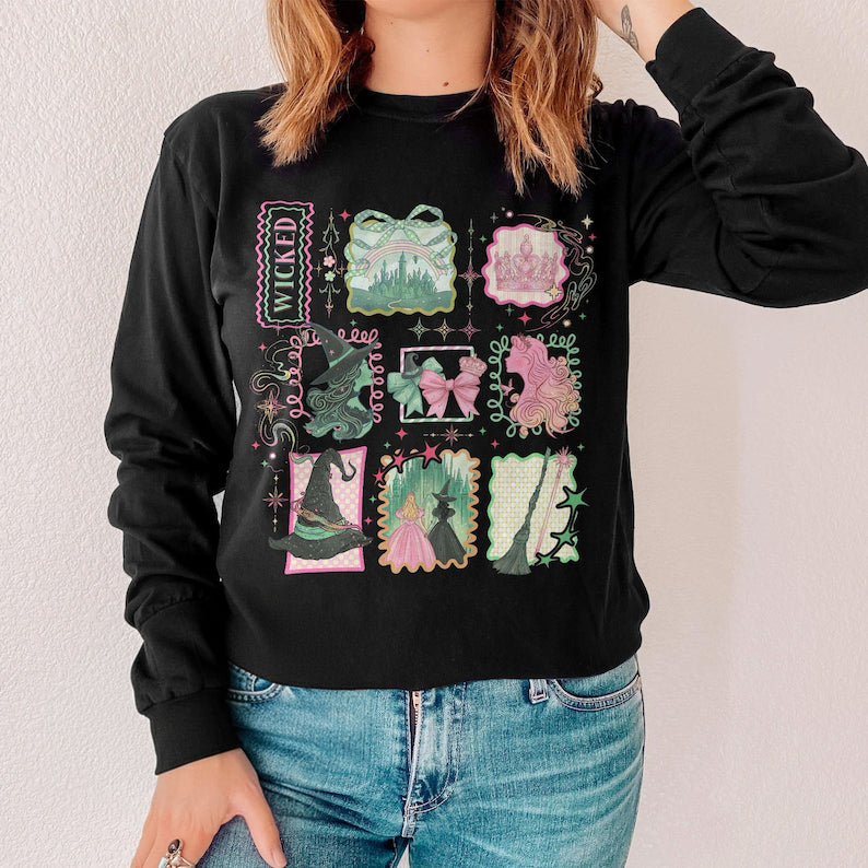 Retro Wicked Stamps Shirt Defying Gravity Tee Elphaba Glinda Wizard Musical Shirt Pink Green Broadway Tshirt 1762936071390.jpg