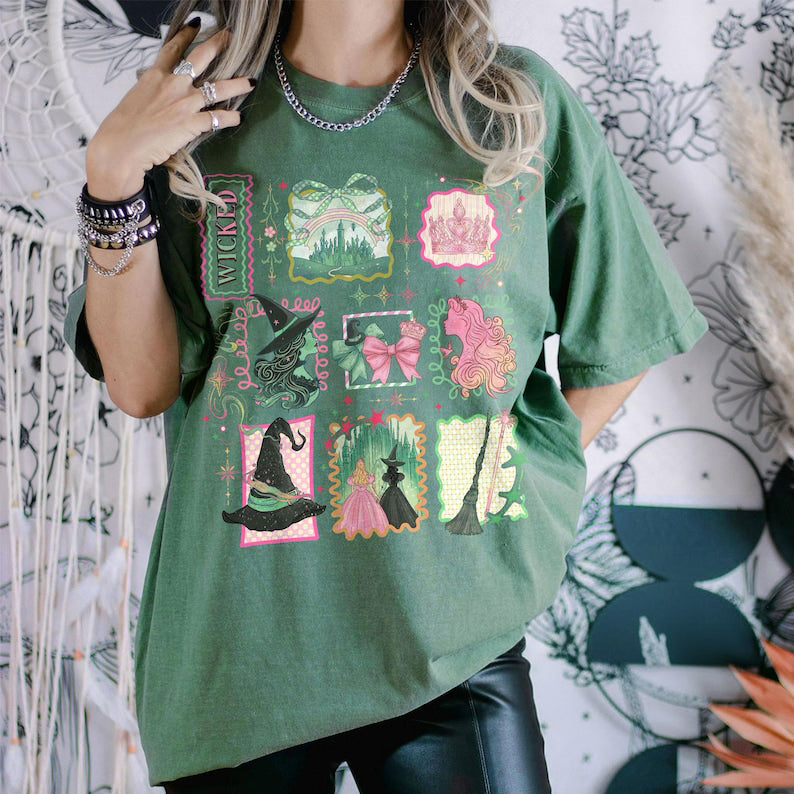 Retro Wicked Stamps Shirt Defying Gravity Tee Elphaba Glinda Wizard Musical Shirt Pink Green Broadway Tshirt 1762936071403.jpg