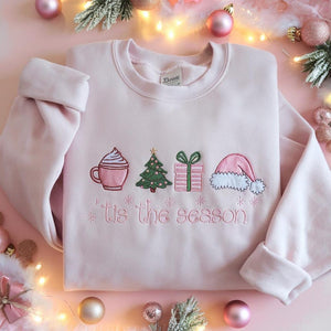 Embroidered Tis The Season Christmas Sweatshirt Pink Green Holiday Crewneck Cute Festive Coffee Tree Gift Sweater Cozy Winter Outfit 1762939497108.jpg