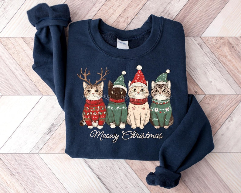 Meowy Christmas Shirt Cat Christmas Sweatshirt Cat Lover Xmas T Shirt Christmas Cat Mom Sweater Catmas Gift For New Year Xmas Crewneck 1763025396106.jpg