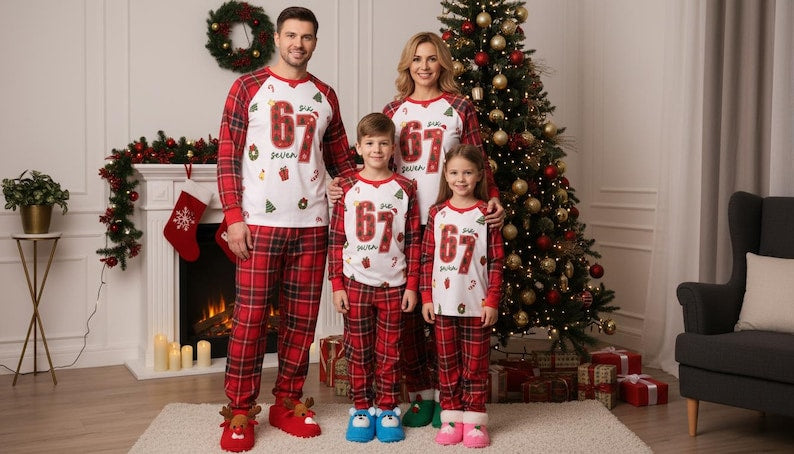 Christmas Family Raglan Pajama Set 67 Meme Trend  Red Plaid Matching Holiday Pjs  Funny Family Christmas Sleepwear 1763521548295.jpg