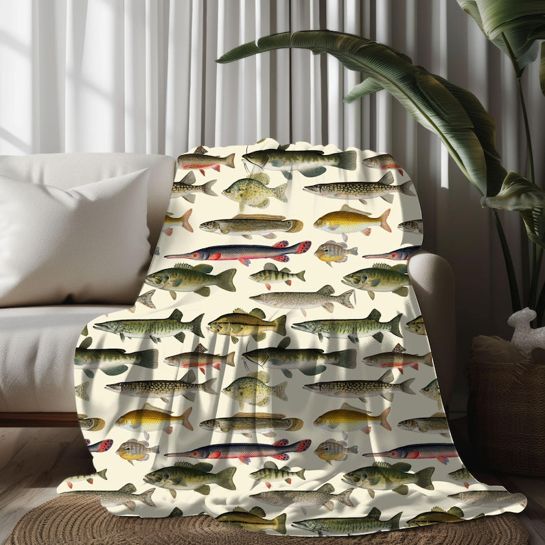 Vintage Freshwater Gamefishing Blanket  Cabin Lodge Blanket  Soft Velveteen Plush Blanket  Toddler Comfy Throw  Bass Catfish Blanket 1763712118230.jpg