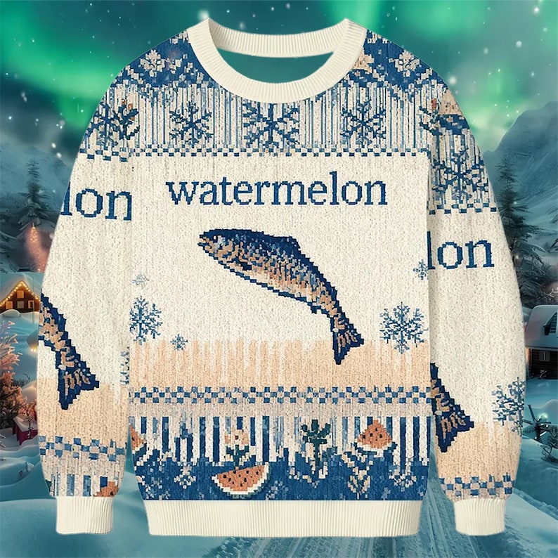Watermelon Fish Funny Ugly Christmas Sweater Blue Beige Knit Holiday Sweatshirt With Watermelon And Fish Pattern Quirky Winter Gift 1763715635878.jpg