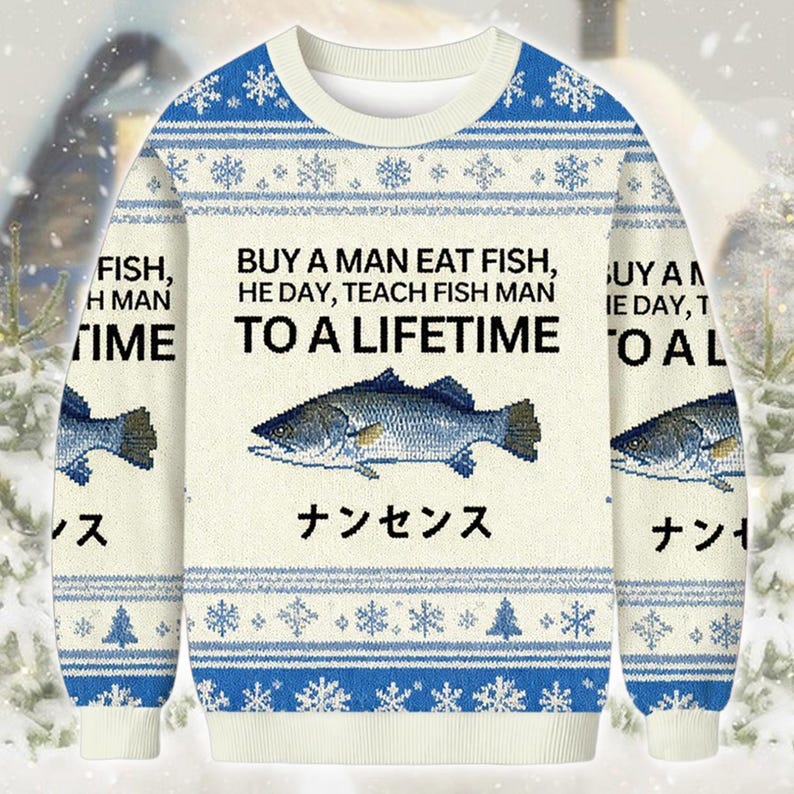 Buy A Man Eat Fish Funny Christmas Sweatshirt Hilarious Quote Ugly Sweater Blue Fish Design Jumper Novelty Holiday Gift For Him 1763779747881.jpg