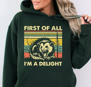 First Of All Im A Delight Sarcastic Hoodie Funny Opossum Hoodie Angry Opossum Lover Hoodie Cute Gift For Opossum Loverssarcasm Hoodie 1763786972448.jpg