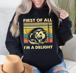 First Of All Im A Delight Sarcastic Hoodie Funny Opossum Hoodie Angry Opossum Lover Hoodie Cute Gift For Opossum Loverssarcasm Hoodie 1763786972462.jpg