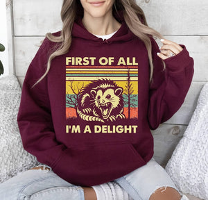 First Of All Im A Delight Sarcastic Hoodie Funny Opossum Hoodie Angry Opossum Lover Hoodie Cute Gift For Opossum Loverssarcasm Hoodie 1763786972493.jpg