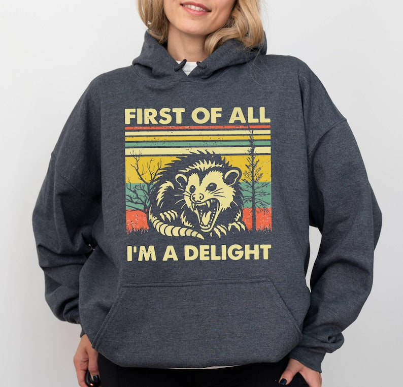 First Of All Im A Delight Sarcastic Hoodie Funny Opossum Hoodie Angry Opossum Lover Hoodie Cute Gift For Opossum Loverssarcasm Hoodie 1763786972498.jpg