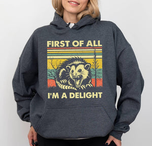 First Of All Im A Delight Sarcastic Hoodie Funny Opossum Hoodie Angry Opossum Lover Hoodie Cute Gift For Opossum Loverssarcasm Hoodie 1763786972498.jpg