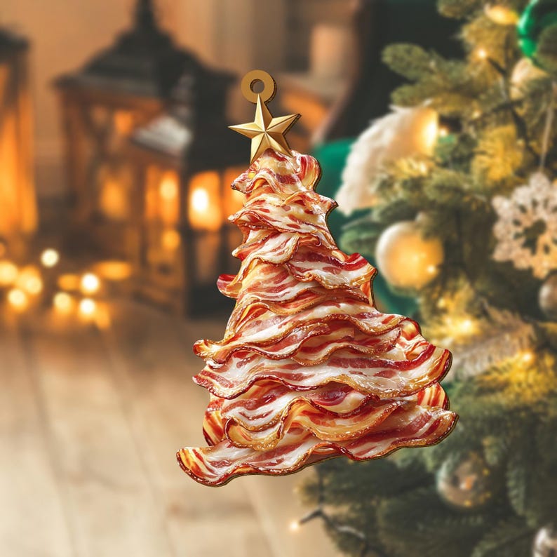 Bacon Tree Wooden Christmas Ornament Funny Food Lover Ornament With Star Top Unique Meat Lover Xmas Tree Decoration Foodie Gift 1763951836659.jpg