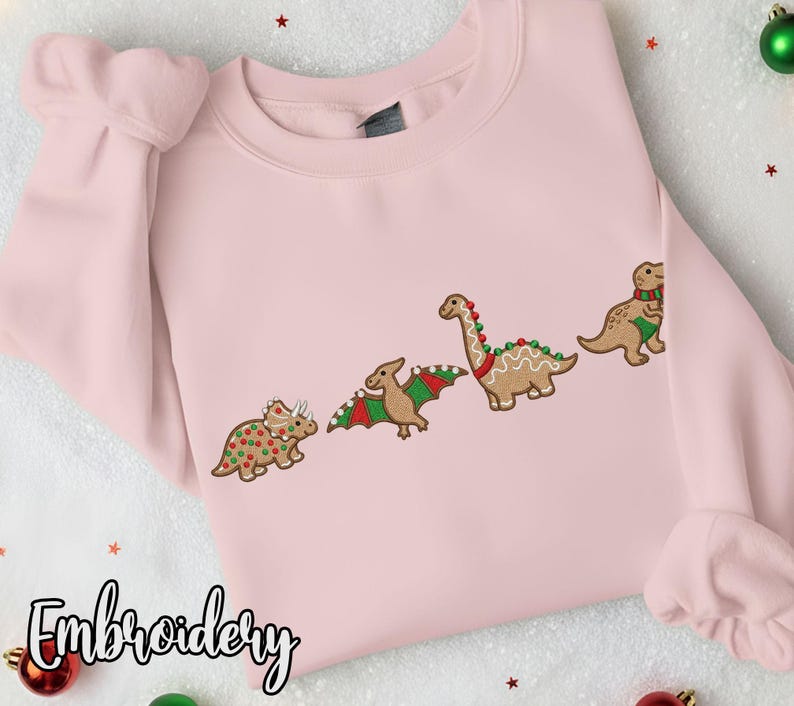 Embroidered Gingerbread Dinosaur Christmas Sweatshirt Hoodie Holiday Dino Lovers Crewneck 1764037820494.jpg