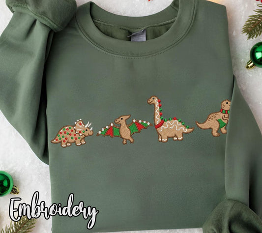 Embroidered Gingerbread Dinosaur Christmas Sweatshirt Hoodie Holiday Dino Lovers Crewneck 1764037820532.jpg